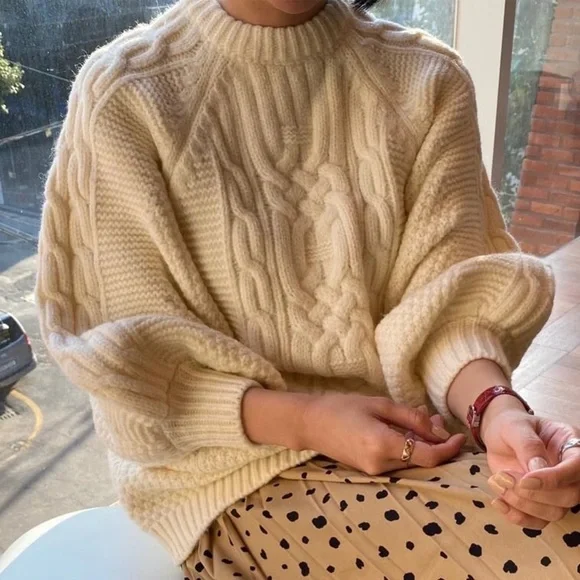 Sweater cable knit lantern sleeve cream beige womens long sleeve top - Picture 1 of 10